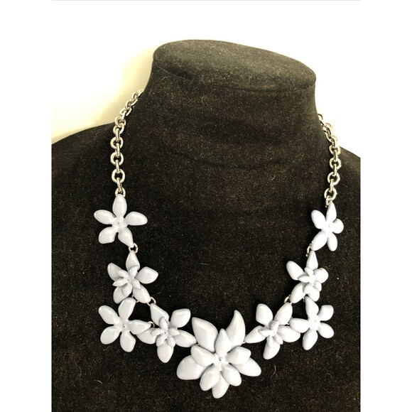Talbots Statement Necklace Blue Enamel Flowers Silver Tone 20” - Picture 2 of 3
